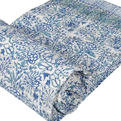 Somukara Hand Block Print Kantha Quilt Indian Handmade Cotton Kantha Blanket Bed Cover Twin Queen Size Kantha Reversible Throw Bedspread Bohemian Gudri (Twin (90 x 60)), Multicolor