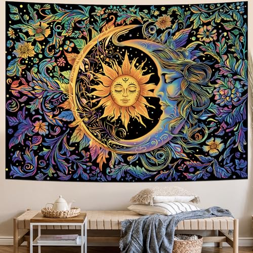 Sun and Moon Tapestry Psychedelic Mystic Floral Tapestry Hippie Boho Flower Plants Wall Tapestry Vintage Aesthetic Tapestry Wall Hanging for Bedroom