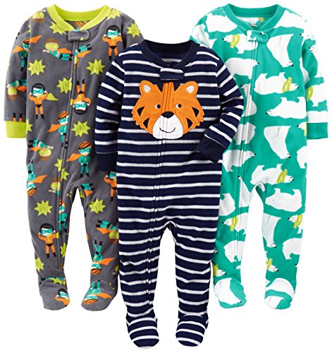 Simple Joys by Carter's Baby Boys' 3-Pack Loose Fit Flame Resistant Fleece Footed Pajamas, Charcoal Superhero/Green Polar Bear/Navy Tiger, 12 Months