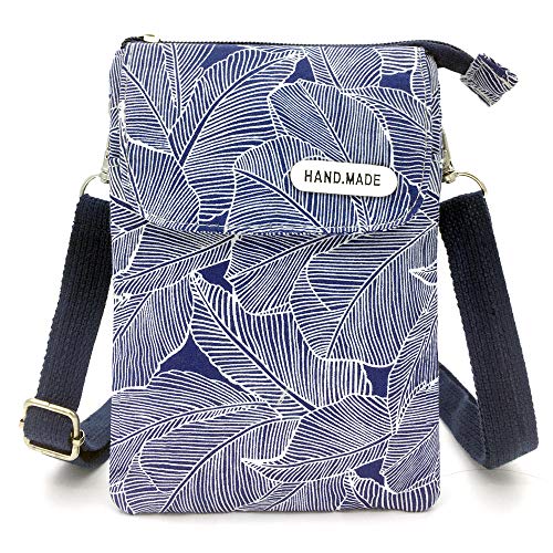 Roomy Cell Phone Purse Wallet Canvas Small Crossbody Purse Bags with Shoulder Strap For Women teen girlsl (A-blue leaves)
