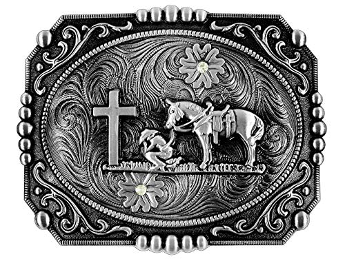 Moranse Religion Cross Cowboy And Horse Design Belt Buckles (Square Silver)