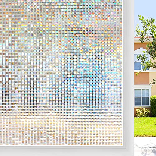 rabbitgoo Window Privacy Film Stained Glass Window Film Mosaic Static Cling Decorative Window Vinyl, Removable Rainbow Window Tint, Non-Adhesive UV Blocking for Home Office, 17.5 x 78.7 inches