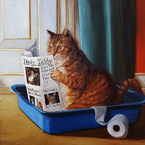 Picture Peddler Kitty Throne by Lucia Heffernan Orange Tabby Litter Box Newspaper Whimsical Novelty Humorous Funny Animal Art Print Poster, 12x12 Image and Overall Size