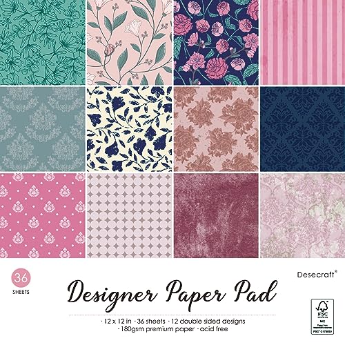 Desecraft Vintage Spring 12x12 in Double Sided Paper Pad Pack Scrapbook Cardstock Decorative Paper - 36 Sheets - for Card Making Journaling Planner Origami Decopage Decorative Scrapbooking Supplies