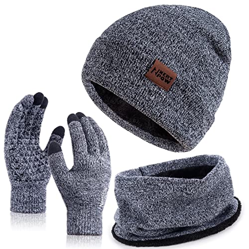 Winter 1-3 PCS Beanie Hat Gloves Scarf For Men And Women, Knit Thick Fleece Lined Warm Touchscreen Gloves Beanie Infitiny Scarf Set (Gloves&Beanie&Scarf Black White)