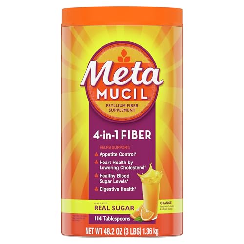 Metamucil, Daily Psyllium Husk Powder Supplement with Real Sugar, 4-in-1 Fiber for Digestive Health, Orange Smooth Flavored Drink, 114 Servings