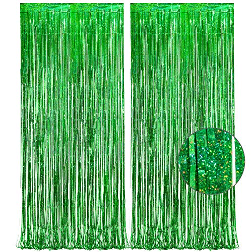 Green Tinsel Curtain Party Backdrop - GREATRIL Foil Fringe Streamers for St Patrick’s Day/Luau/Turtle/Hawaiian/Dinosaur/Ghost/Football/Christmas Decorations 2 Packs