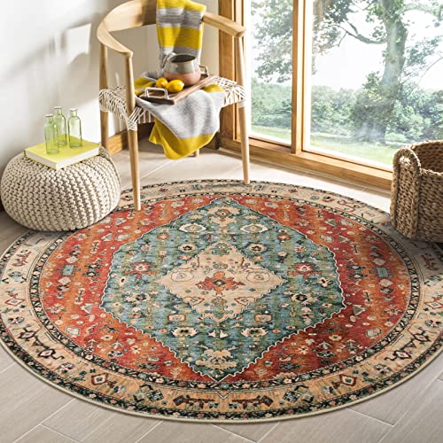 Lahome Boho Tribal Round Rug - 4Ft Soft Bedroom Round Area Rug Entryway Foyer Throw Mat Washable Non-Shedding Non-Slip Sofa Carpet for Nursery Living Dining Room,Rust/Dull Teal
