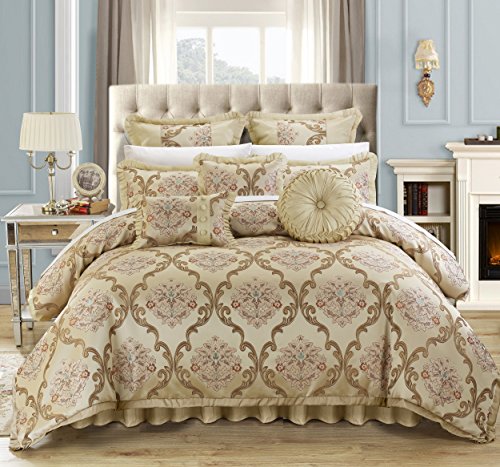 Chic Home 9 Piece Aubrey Decorator Upholstery Comforter Set and Pillows Ensemble, Queen, Beige