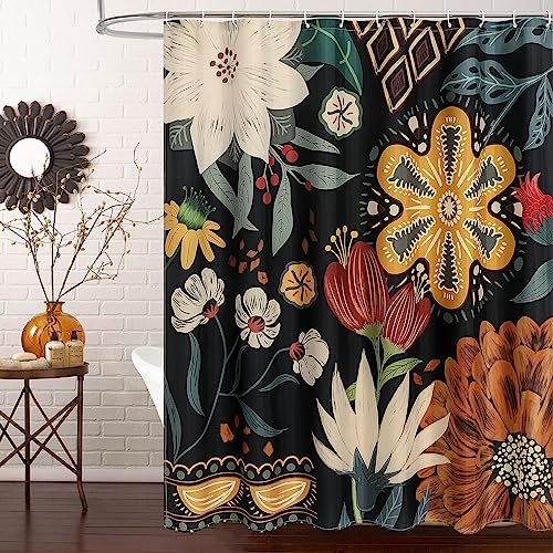 MitoVilla Boho Floral Shower Curtain, Tropical Leaves Fabric Cloth Shower Curtains for Chic Elegant Bathroom Decor, Modern Abstract Colorful Flower Shower Curtain, 72x72