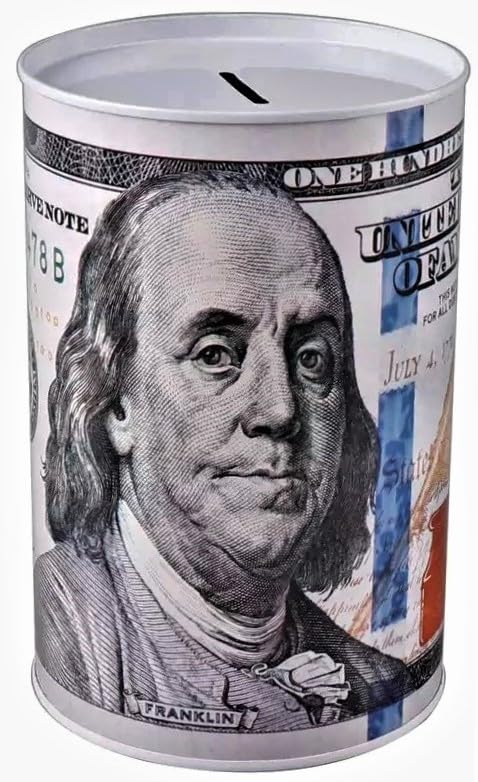 Metal Piggy Bank 8.5' Tall $100 Dollar Bill Money Bank for Adults Kids Coin Saving Tin Can Currency (Benjamin Franklin, X-Large)
