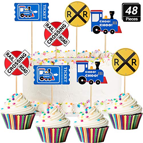 48 Pieces Railroad Party Crossing Decoration Railroad Train Crossing Cupcake Toppers Steam Train Cupcake Picks for Birthday Party Railway Steam Train Theme Party