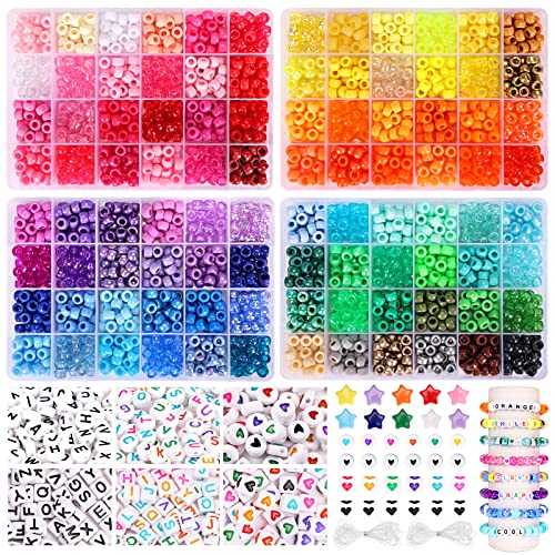 QUEFE 3250pcs Pony Beads Set, Friendship Bracelet Kit Kandi Beads 2400pcs Rainbow Beads in 96 Colors, 800pcs Letter and Heart Beads with 20 Meter Elastic Threads for Jewelry Necklace Making