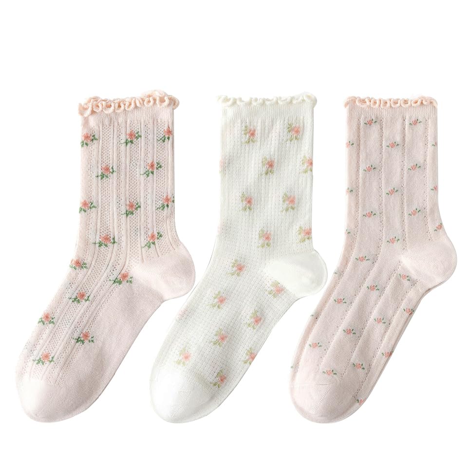 LOUIE SILNA Women Ankle Socks,Sports Breathable Fashion Lace Flash stitching flowers Frilly Ankle Socks Ladies Girl Princess Socks(Pink and White 3 pairs)