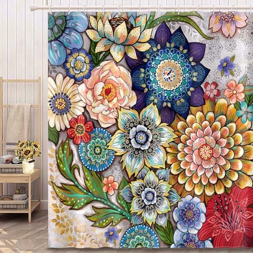 Neasow Boho Floral Shower Curtains for Bathroom, Bright Fabric Blossom Shower Curtain with 12 Hooks, Multi Color 72'×72'