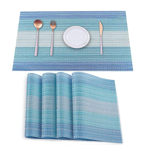 HeloHo Placemats Set of 4,Vinyl Table Place Mats Stain Resistant Foldable Placemats Washable Wipeable Placemat for Kitchen Dining Table Decoration Indoor Outdoor（Blue）