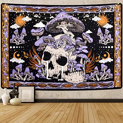 Uspring Mushroom Tapestries Skull Skeleton, Leaves, Large Purple Tapestry for Bedroom, Wall Hanging for Room (51.2 x 59.1 inches)