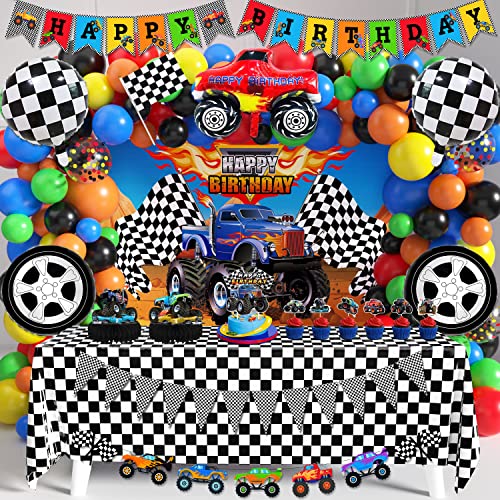 Truck Birthday Party Supplies Truck Theme Party Decorations, 99 Pcs(Backdrop Tablecloth Banner Triangle Bunting Cake Toppers Foil Balloons Honeycomb Centerpieces Flags Balloon Garland Arch Kit)