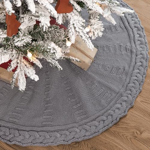 LimBridge Knitted Christmas Tree Skirt: 36 Inches Grey Tree Skirt, Braided Cable Knit Thick Rustic Christmas Tree Decorations, Farmhouse Christmas Decor Xmas Holiday Home Party Decorations