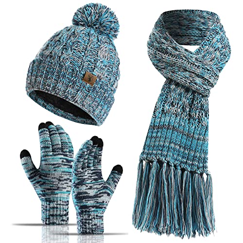 Honnesserry Winter Warm Beanie Hat Scarf and Touchscreen Gloves Set for Womens Skull Caps Neck Scarves with Fleece Lined