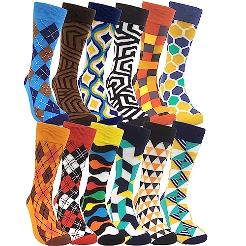 HSELL Mens Funny Colorful Patterned Dress Socks Crazy Fancy Design Cotton Socks Novelty Gifts for Men (12 Pairs - Colorful Paterned Assorted)