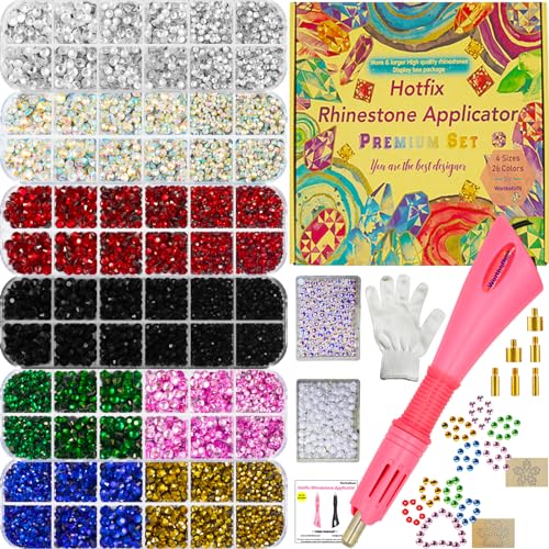 Worthofbest Hotfix Applicator with 10000 Pcs Hot Fix Gems and Pearls, Bedazzler Kit with Rhinestones, Hot Fixed Jewels Gun Machine Tool for Clothing Fabric Clothes Wood Cardstock Leather w/Gift Box