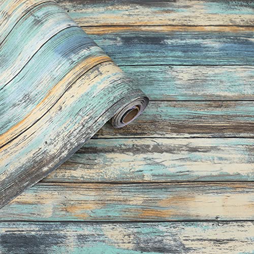 Dimcol Wood Contact Paper 15.7'x118' Self-Adhesive and Removable Wood Peel and Stick Wallpaper Blue Distressed Wood Grain Contact Papers for Cabinets Waterproof Wall Paper