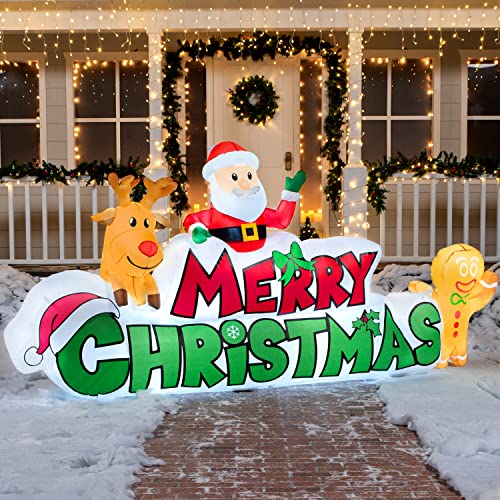 Joiedomi 9.5 FT Christmas Inflatable Merry Christmas Sign with Santa, Reindeer & Gingerman, Christmas Inflatable Decoration with Build-in LEDs for Xmas Party Outdoor Yard Garden Lawn Winter Decor