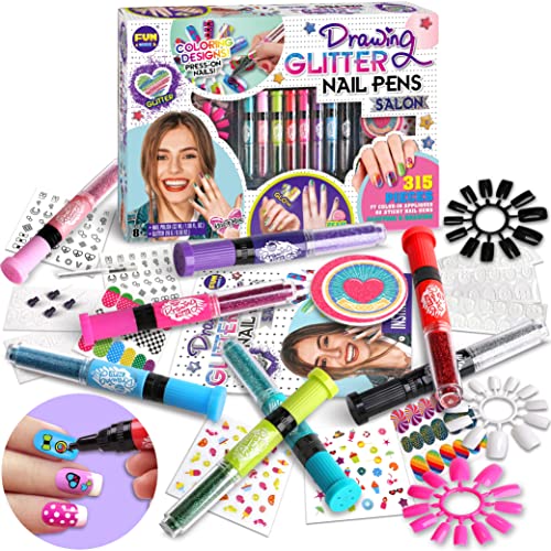 Kids Nail Kit for Girls Ages 7-12, FunKidz Ultimate 315Pcs Nail Polish Pens Combo Pack Size 17.91Wx12.4L Glitter Temporary Nail Supplies for Teens SPA Makeup Kit