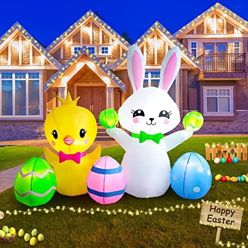 6 FT Easter Inflatables Outdoor Decorations, Built-in LED Easter Blow UP Yard Decorations, Suitable for Yard, Garden, Outdoor, Lawn,Bunny Chicks Playing Decoration