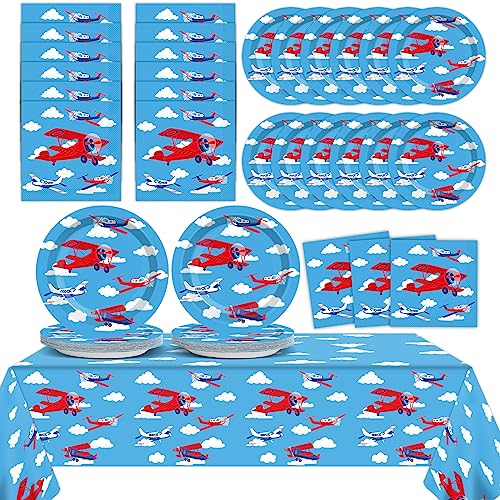 Airplane Birthday Party Supplies Serves 24 Plane Party Paper Plates Napkins Set Airplane Tablecloth Tableware Kit for Baby Shower Decorations Kids Boys Girls