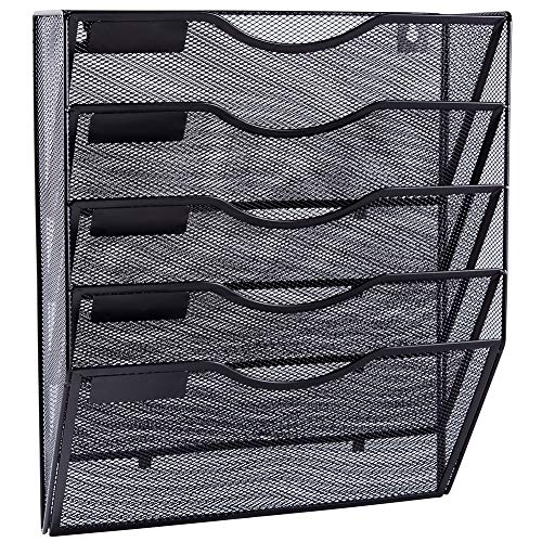 EASEPRES 5 Pocket Mesh Hanging Wall File Organizer, Wall Mounted Mail Paper Document Folder Holder, Clipboard Storage Organization Magazine Rack with Nametag Label for Office Home School, Black