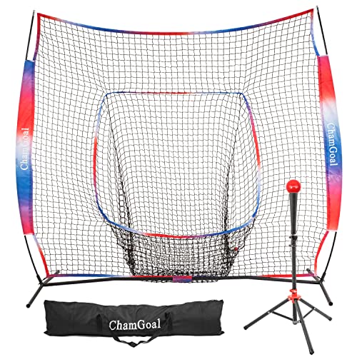 ChamGoal 7'X7' Baseball Softball Tee and Net Combo,Softball Baseball Net and Tee for Hitting and Pitching, 3 Color Baseball Backstop Softball Practice Equipment with Weighted Ball(Gradient)