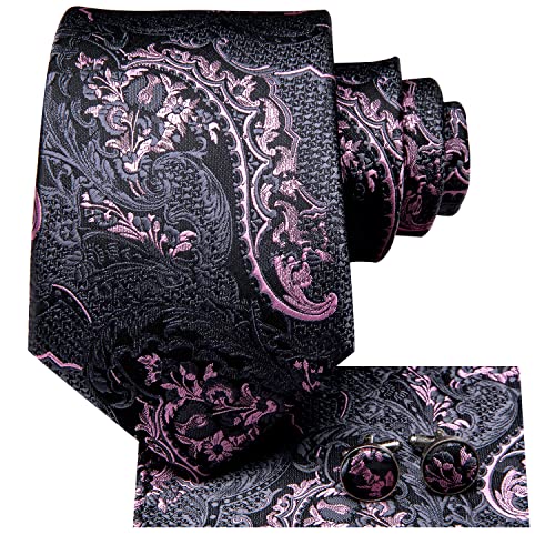 Hi-Tie Silk Black Pink Paisley Mens Neckties Set Extra Long Dress Ties for Big Tall Men 63 Inch Formal Tie Hanky Cufflink