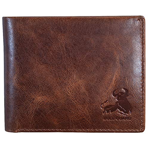 BULL GUARD Mens RFID Blocking Bifold Wallet Soft Genuine Leather Brown Western | Secure and Durable Extra Capacity Billfold with 11 Credit Cards, Flip Up ID