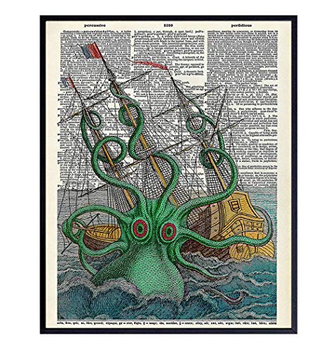 Kraken Octopus Dictionary Art - 8x10 Upcycled Vintage Nautical Decoration - Lake, Sea, Ocean and Beach House Decor - Gift for Steampunk Goth Fans - Unframed Retro Photo Poster Picture Print