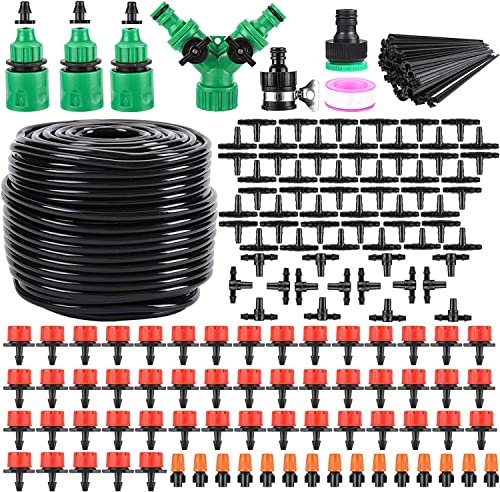 164FT 180 Pcs Drip Irrigation Kit, Garden Irrigation System 1/4' Blank Distribution Tubing Watering Drip Kit Automatic Irrigation Equipment for Garden Greenhouse, Flower Bed,Patio,Lawn (164FT)