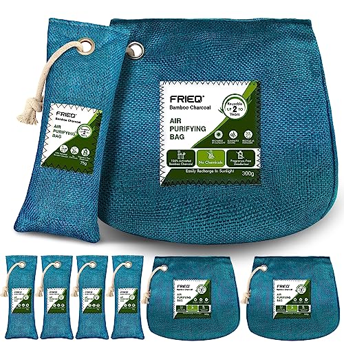 FRIEQ 6 Pack 100% Activated Bamboo Charcoal Air Purifying Bag | Lasts 365+ Days | Charcoal Bags Odor Absorber for Car, Home, Closet, Pet, Shoe （2x300g, 4x75g ）