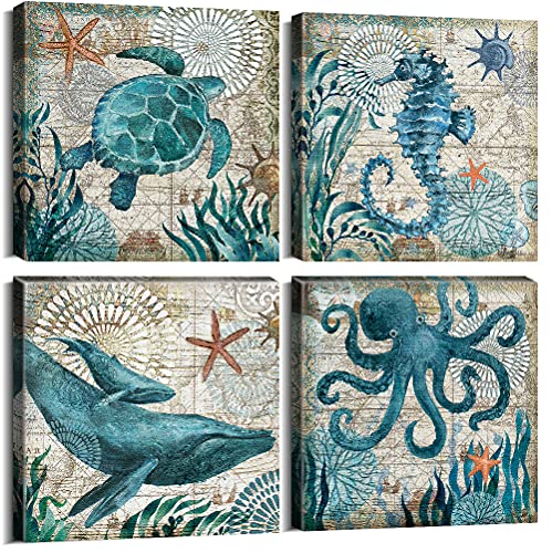 Bathroom Wall Art Beach Decor Ocean Sea Turtle Octopus Canvas Pictures Coastal Room Decor Teal Bathroom Accessories Vintage Whale Seahorse Poster Modern Nautical Painting Bedroom Home Decorations