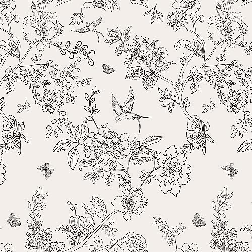 Black and White Peel and Stick Floral Removable Wallpaper - Self Adhesive Decorative Contact Paper for Cabinets, Walls - 17.7in x 118.1in