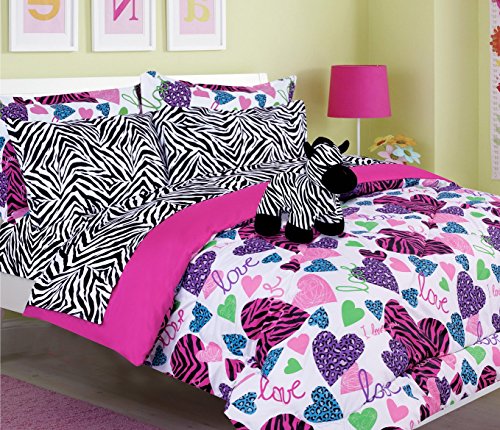 Teen Tween Girls Kids Bedding - Misty Zebra Bed in A Bag. (Double) Full Size Comforter Set -Plush Toy Included - Love, Hearts - Hot Pink, Turquoise Blue, Purple, Green, Black and White