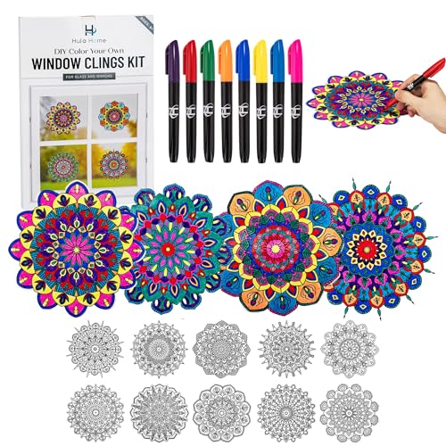 Hula Home Stained Glass Mandala Art Kit - DIY Window Clings with Markers, 10 Suncatchers - Perfect Hobby for Adults, Kids, Teens & Seniors - Ideal Gift for Beginners, Women & Elderly