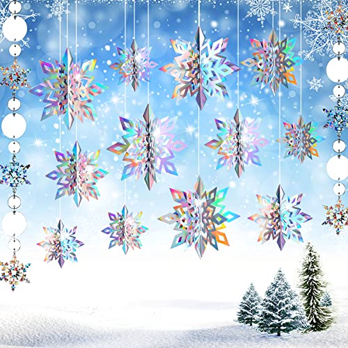 JULMELON 12Pcs Frozen 3D Hanging Snowflakes Decorations, Holographic Snowflakes Garland Silver Snowflakes for Winter Wonderland Decorations Frozen Birthday Party Supplies