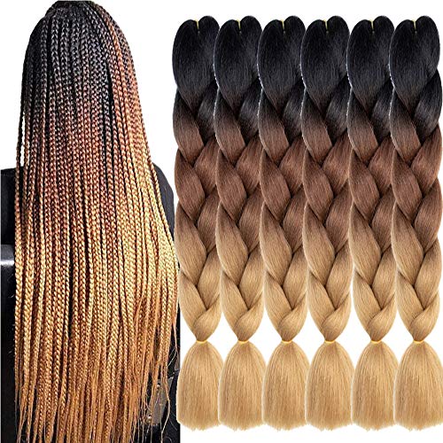 SHUOHAN 6 Packs Ombre Jumbo Braiding Hair Extensions 24 Inch High Temperature Synthetic Fiber Hair Extensions for Box Braids Braiding Hair (Black to Brown to Light Brown)