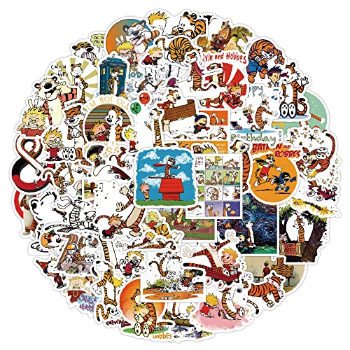 KINGMAOSHEN 50PCS Calvin and Hobbes Stickers for Laptop and computer, Cute Cosmetic Waterproof Vinyl stickers for Water Bottle Hydro Flask Car Bumper Luggage,Cute Graffiti Decals for Kids Girls Teens