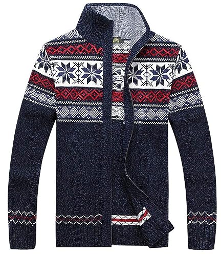 Kedera Men's Nordic Fair Isle Jacquard Stand Collar Sweater Cardigan Ugly Christmas Sweaters Holiday Party (X-Large, Blue)