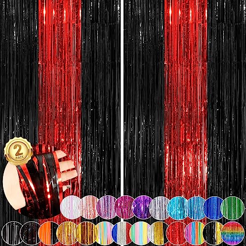 Black Red Fringe Curtain Party Streamers 2Pack 3.3x8.3 Ft Foil Fringe Backdrop Curtains for Birthday Wedding Bridal Baby Shower Holiday Tinsel Streamers Black Party Decorations Door Streamers