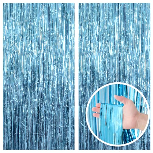 2 Pack Blue Backdrop Curtain Tinsel Streamers Ocean Themed Decor Birthday Party Decorations Foil Fringe Backdrop Graduation Baby Shower Bachelorette Winter Party Decorations Supplies