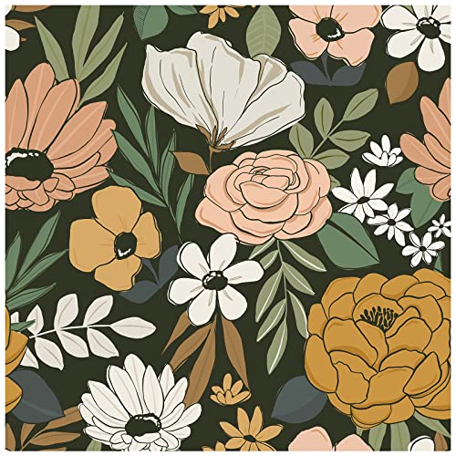 HAOKHOME 93217 Vintage Large Floral Peel and Stick Wallpaper Removable Daisy Leaf Black/Sand/Oliva Vinyl Self Adhesive Contact Paper 17.7in x 9.8ft