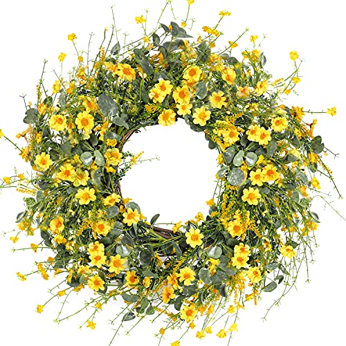 Sggvecsy Yellow Daisy Wreath 24 Inch Spring Summer Wreath Fake Silk Floral Wreath with Green Eucalyptus Leaves and Lavender for Front Door Window Wall Wedding Farmhouse Festival Decor